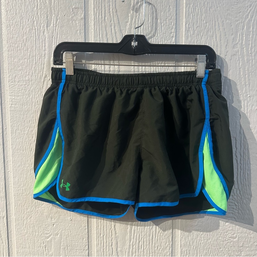 Under Armour Running Shorts Semi Fitted Heat Gear Black Neon Women’s Large EUC
